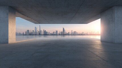 3d render of abstract modern architecture with empty concrete floor and city skyline background, car presentation background. High quality