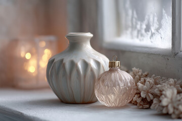cozy christmas scene captured through frozen window where warmth of ultrabright holiday lights spills into room