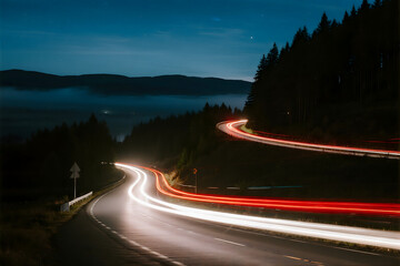 A dynamic long exposure of layered light trails on a winding road at night.