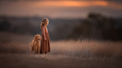 girl stands in golden field at sunset with her loyal dog by her side radiating warmth and friendship