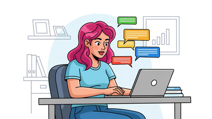 Happy woman with pink hair at a desk using a laptop for online chat communication.