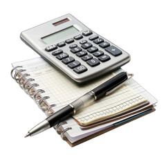 A silver calculator rests atop a spiral-bound notepad, with a black pen beside it