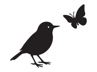 Black silhouette of bird with butterfly, isolated on white background, graphic illustration. concept of nature, wildlife, avian art, insect, flight, design element.