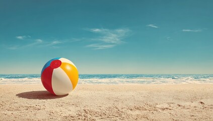 Beach ball rests on sandy shore, ocean waves in background; summer vacation concept