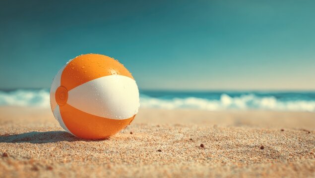 Beach ball on sandy shore, ocean waves background; summer vacation fun