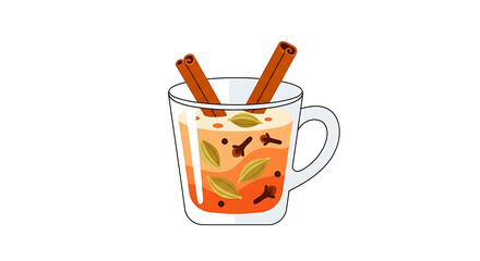 Delicious chai tea with cinnamon sticks and spices in a glass cup illustration