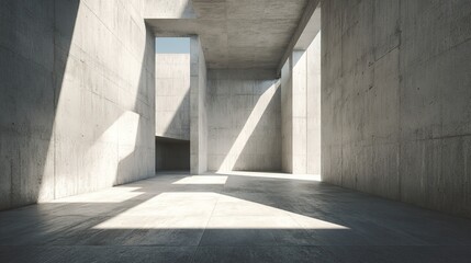 Obraz premium Abstract of concrete interior space with sun light cast the shadow on the wall and floor,Geometric design,Perspective of brutalism architecture,3d rendering. High quality
