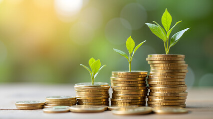 gold wooden on a stack of coins for investment, and banking. New year saving money and financial planning concept.
