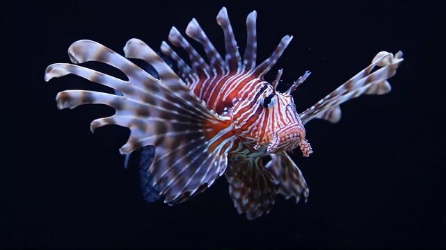 A red and white striped lionfish swims against a dark background with outstretched fins