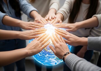 Diverse hands united over a glowing Earth, symbolizing global youth solidarity and humanitarian collaboration for a shared future