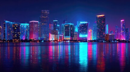 Fototapeta premium Vibrant cityscape at night, reflecting in calm water.