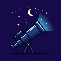 Telescope pointing at the moon and stars in a dark blue night sky.