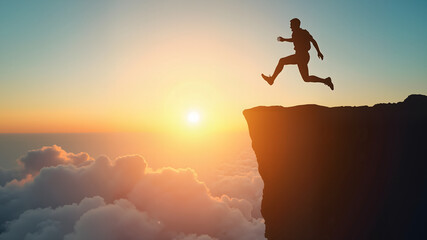 Silhouette man jumping from cliff with cloud sky and sunlight and happy new year in Concept of start a business