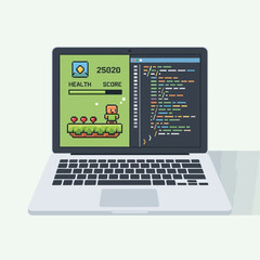 Laptop displaying code and a retro game interface on a white background.
