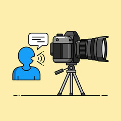 Camera on tripod with speech bubble and speaking person icon on yellow.