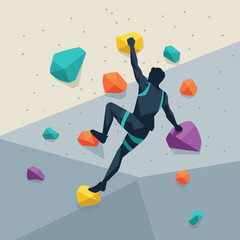 Silhouette of person climbing indoor wall with colorful grips and safety harness.