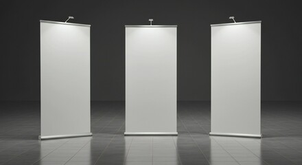 Three illuminated blank display panels in a dark room, reflecting on a polished floor. Modern minimalist style with soft lighting. High contrast between the white panels and dark background.