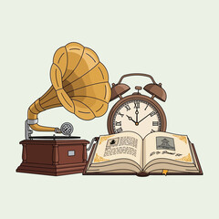 Vintage gramophone clock and open book on a light background illustration.