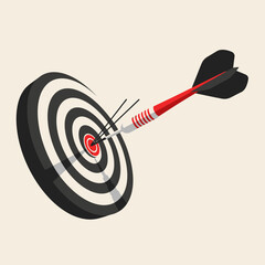 Dart hitting the bullseye of a black and white target illustration.