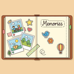 Open scrapbook with photos stickers and handwritten "Memories" on a light background.