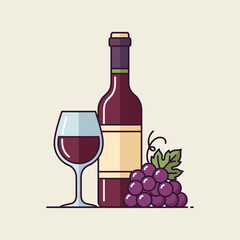 Wine bottle glass and grapes illustration on a light background.