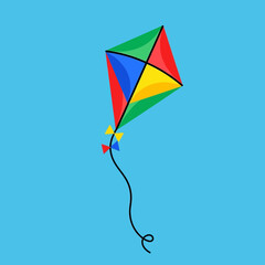 Colorful kite with tail against a blue background.