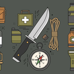 Survival kit illustration featuring knife compass rope and first aid supplies on gray.