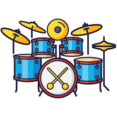 Cartoon drum kit illustration with drums cymbals and drumsticks on white background.