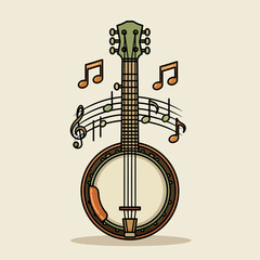 Banjo with musical notes floating around it on a beige background.