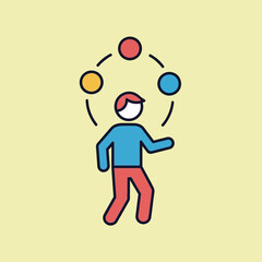 Person juggling red yellow and blue balls on a light yellow background.