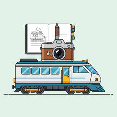 Cartoon train with camera and sketchbook on top against a light green background.