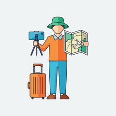 Cartoon traveler holding map and camera with suitcase on a white background.