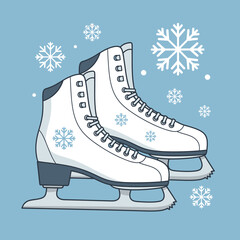 A pair of white ice skates with snowflakes on a blue background.