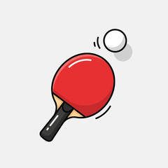 Red ping pong paddle with black handle hitting a white ball.