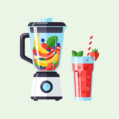 Blender with fruit and a glass of smoothie on a light background.