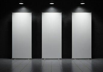 Three vertical white banners in a dark room with overhead lights, creating a minimalistic look. Focus on symmetry and texture in the backdrop.