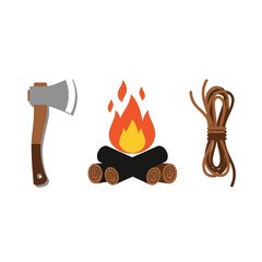Axe campfire and rope illustration isolated on white background representing outdoor activities.