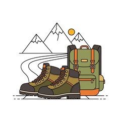 Hiking boots backpack mountains and sun illustration adventure outdoors travel concept.