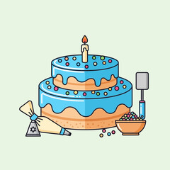 Two-tiered cake with blue frosting and a candle, with baking tools.