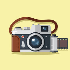 Camera with strap and film roll on yellow background illustration graphic resource.