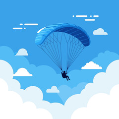 Person paragliding in a blue sky with clouds illustration.