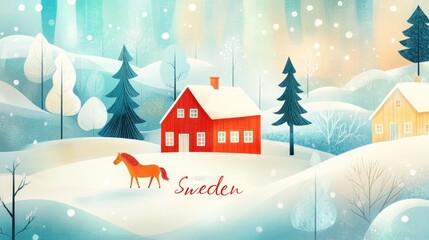 Naklejka premium Snow falling on red swedish house and brown horse in winter wonderland, illustration