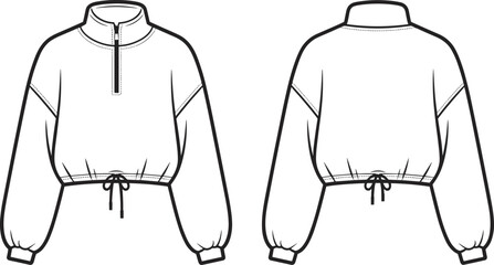 Cropped pullover front view, back view, drawstring hem, half-zip collar, trendy women's top, cad drawing flat vector illustration