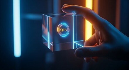 QFS transparency. A hand holds a translucent holographic cube with a QFS coin inside, symbolizing a clear and open financial system.