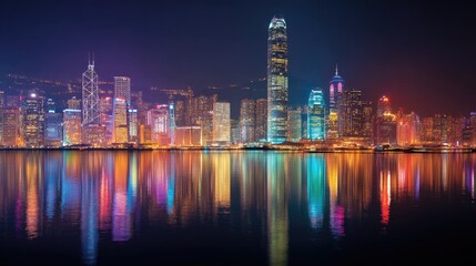 Fototapeta premium Vibrant cityscape at night, reflected in the water.