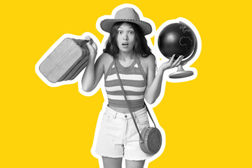 Young Asian woman with globe and suitcase on yellow background. Travel concept
