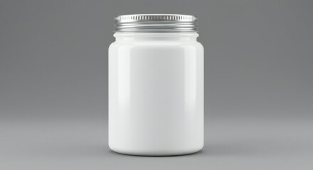Minimalistic white jar with silver lid, glossy finish, neutral grey background, focus on clean design.