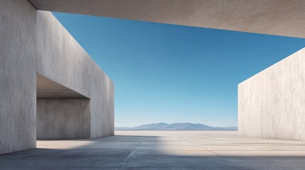 3d render of abstract modern concrete architecture with empty cement floor, minimal exterior, car presentation background. High quality
