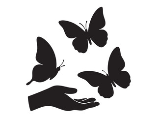 Black silhouette of three butterflies in flight with hand, isolated on white background, graphic illustration. concept of nature, freedom, insects, beauty, design element