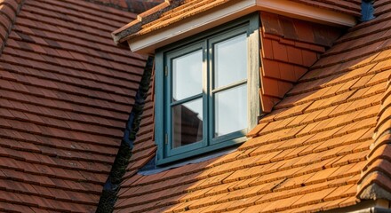 Traditional home roof with overlapping orange tiles and visible window frame.